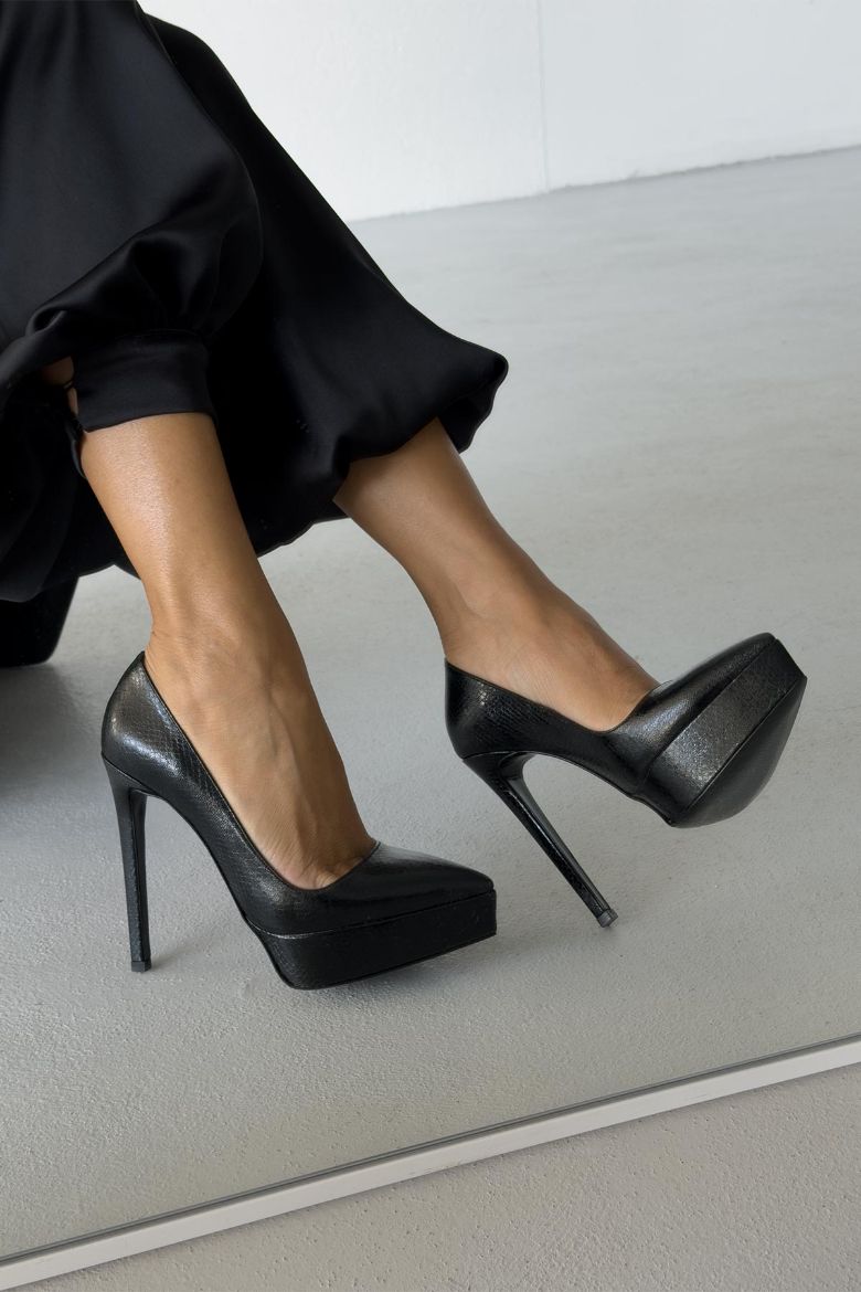 Coax İnce Topuk 13 Cm Siyah Yılan Desenli Platform resmi