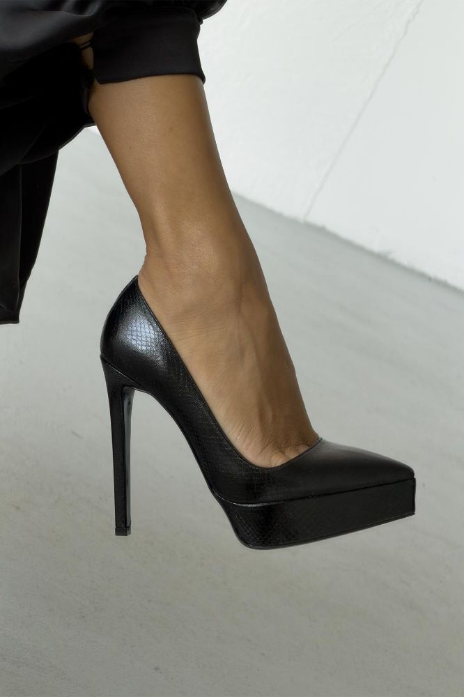 Coax İnce Topuk 13 Cm Siyah Yılan Desenli Platform resmi