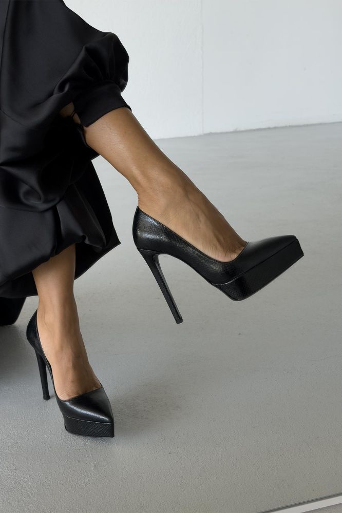 Coax İnce Topuk 13 Cm Siyah Yılan Desenli Platform resmi