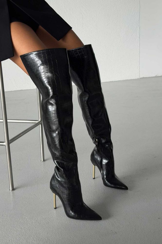 Paint Diz Üstü İnce Topuk 10 Cm Siyah Kroko Çizme resmi