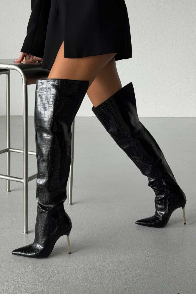 Paint Diz Üstü İnce Topuk 10 Cm Siyah Kroko Çizme resmi