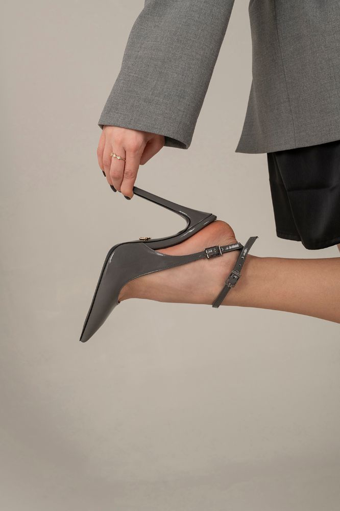 Zion Toka Detaylı İnce Topuk 12 Cm Gri Rugan Stiletto resmi