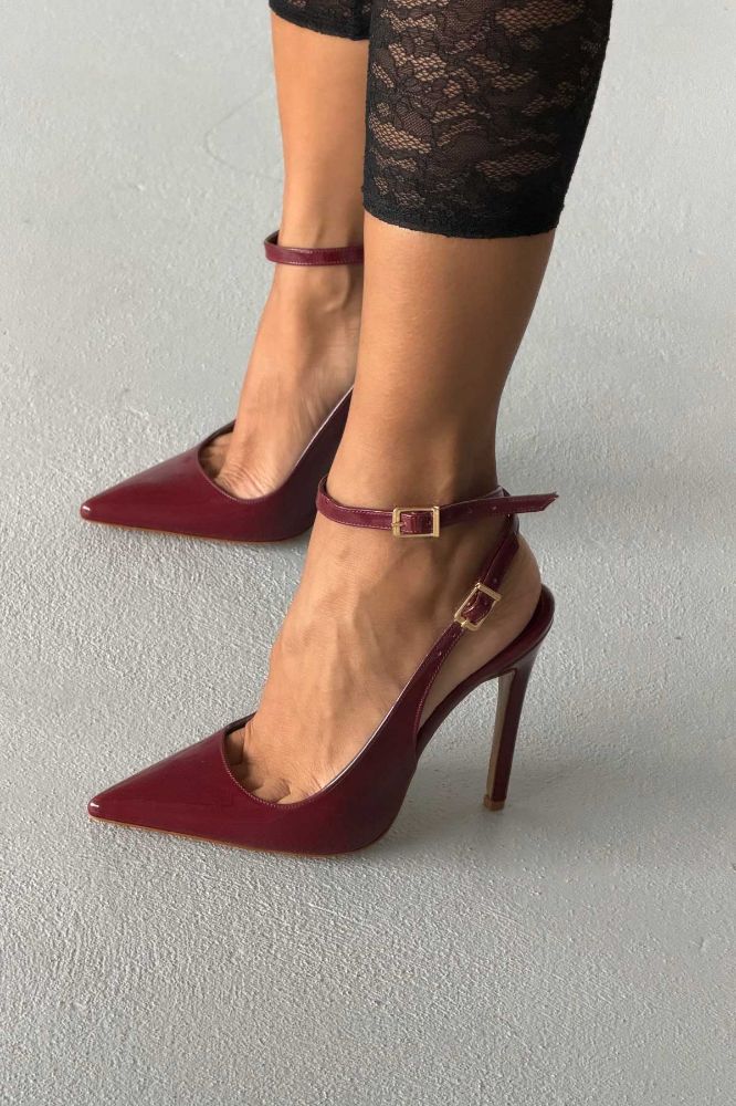 Zion Toka Detaylı İnce Topuk 12 Cm Bordo Rugan Stiletto resmi
