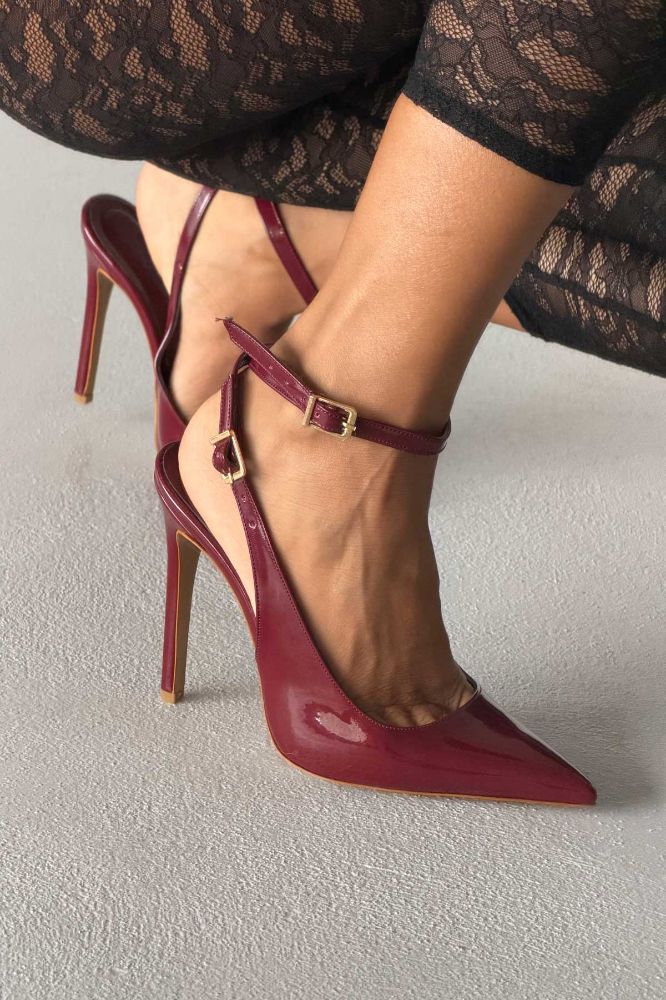 Zion Toka Detaylı İnce Topuk 12 Cm Bordo Rugan Stiletto resmi