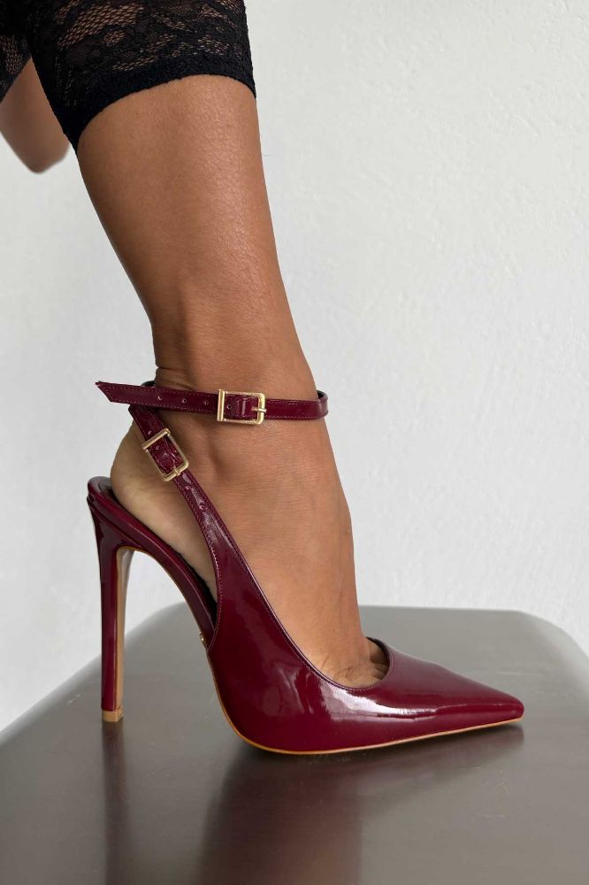 Zion Toka Detaylı İnce Topuk 12 Cm Bordo Rugan Stiletto resmi
