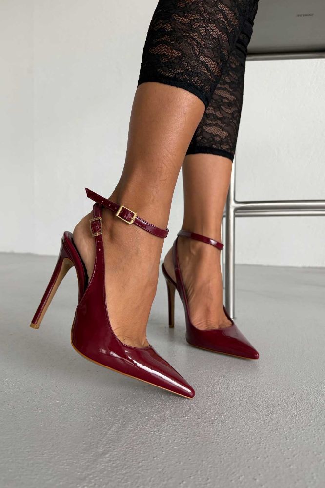 Zion Toka Detaylı İnce Topuk 12 Cm Bordo Rugan Stiletto resmi