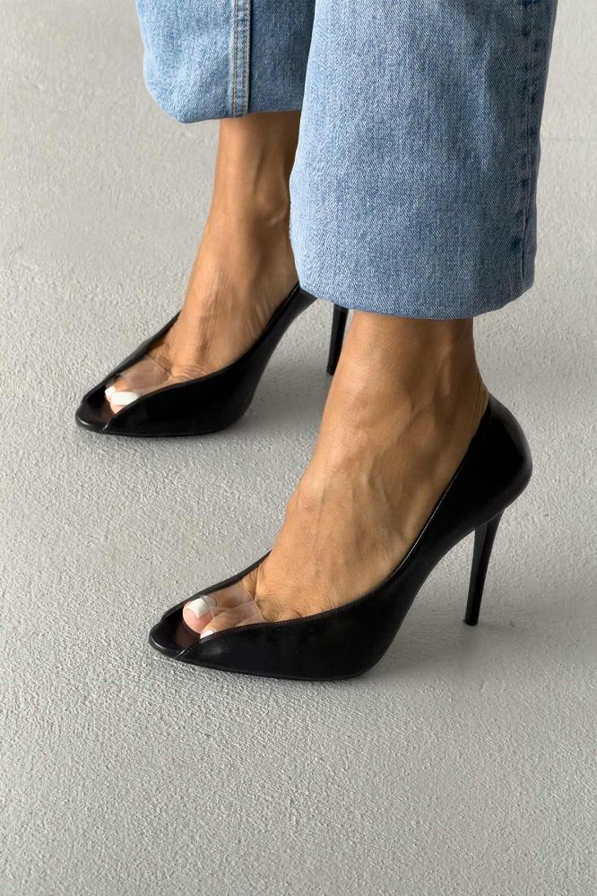 Loan Şeffaf Detaylı İnce Topuk 10 Cm Siyah Mat Stiletto resmi