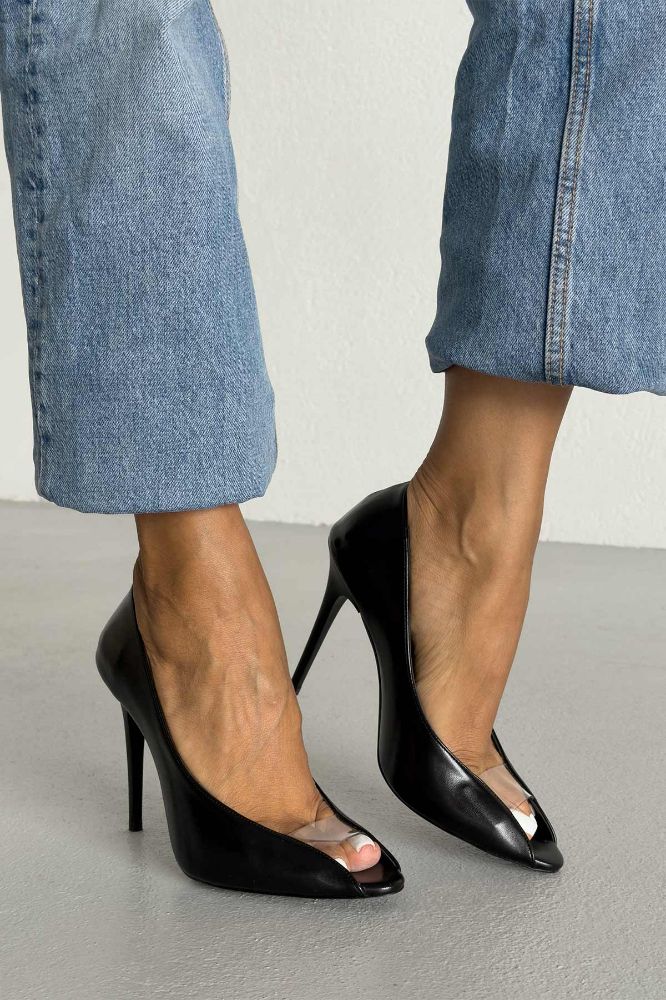 Loan Şeffaf Detaylı İnce Topuk 10 Cm Siyah Mat Stiletto resmi
