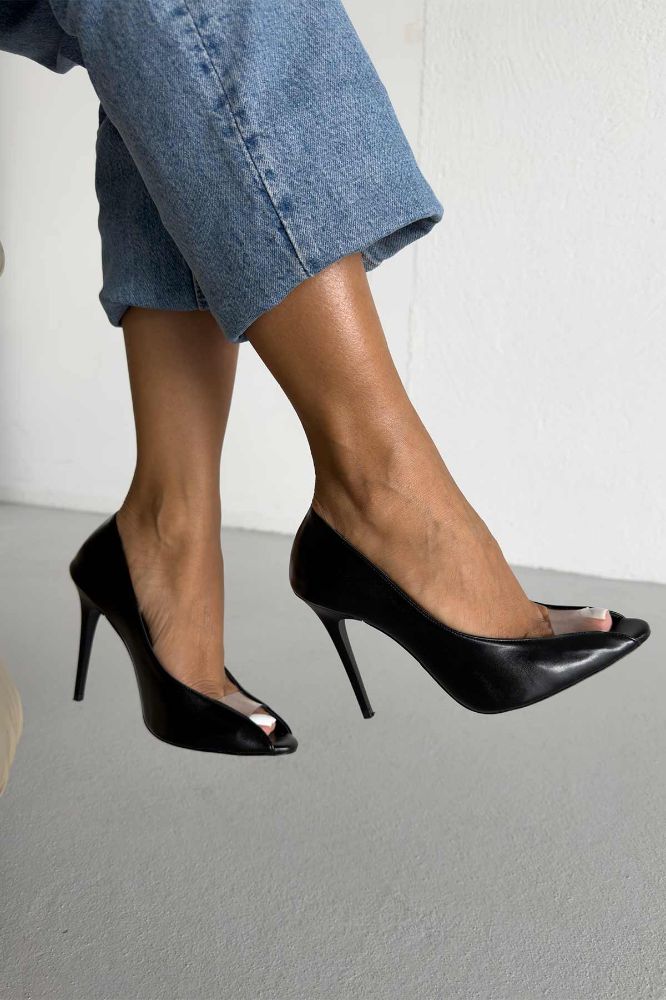 Loan Şeffaf Detaylı İnce Topuk 10 Cm Siyah Mat Stiletto resmi