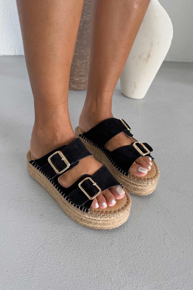 Ellinor Hakiki Deri Dolgu Topuk   5 CM SİYAH SÜET TERLİK resmi