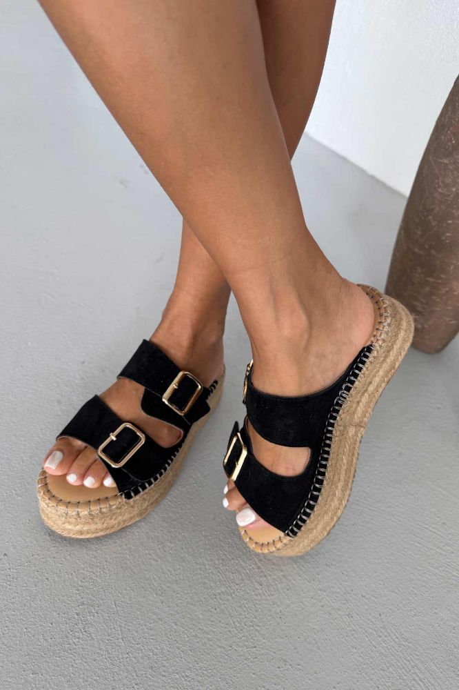 Ellinor Hakiki Deri Dolgu Topuk   5 CM SİYAH SÜET TERLİK resmi