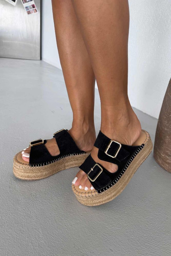 Ellinor Hakiki Deri Dolgu Topuk   5 CM SİYAH SÜET TERLİK resmi