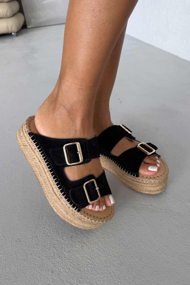 Ellinor Hakiki Deri Dolgu Topuk   5 CM SİYAH SÜET TERLİK resmi