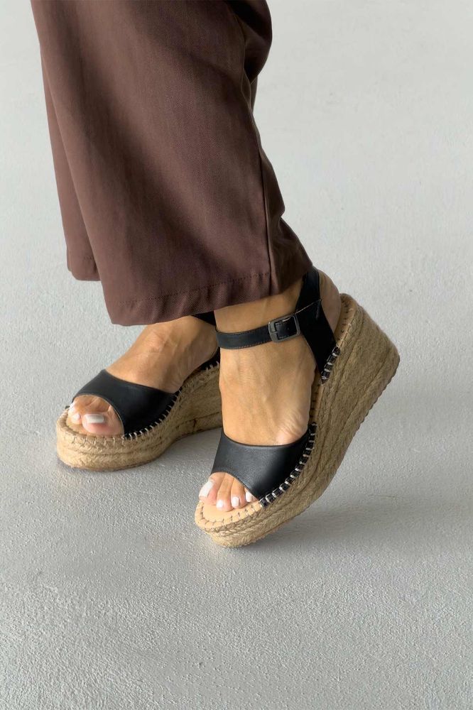 Oliver Hakiki Deri Dolgu Topuk  8 CM SİYAH MAT SANDALET resmi