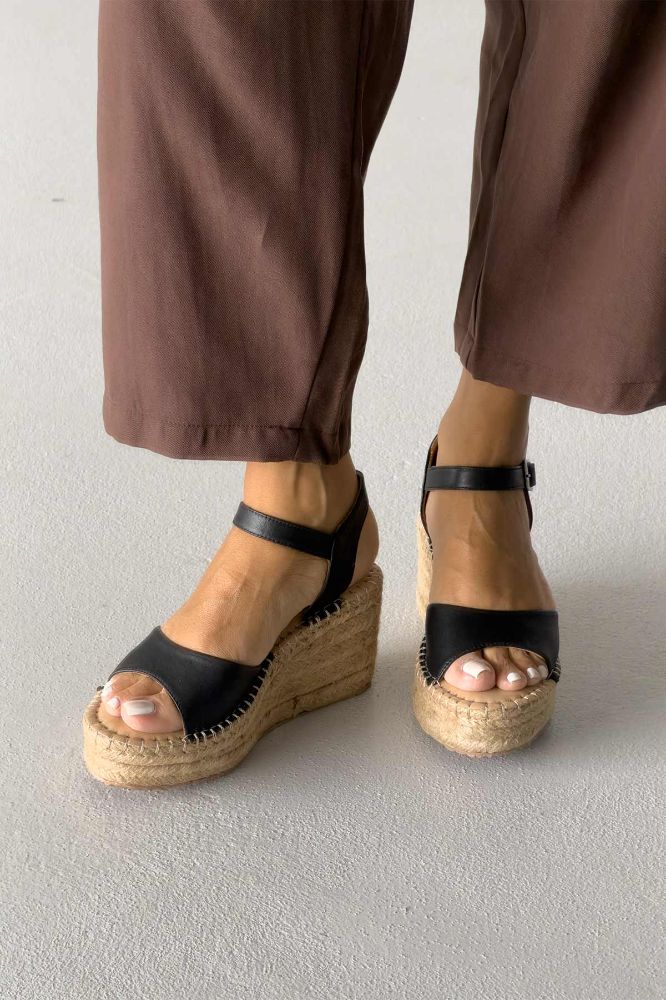 Oliver Hakiki Deri Dolgu Topuk  8 CM SİYAH MAT SANDALET resmi