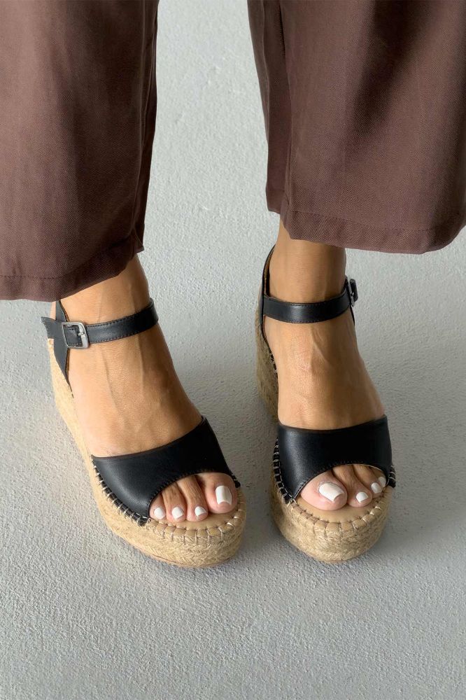 Oliver Hakiki Deri Dolgu Topuk  8 CM SİYAH MAT SANDALET resmi