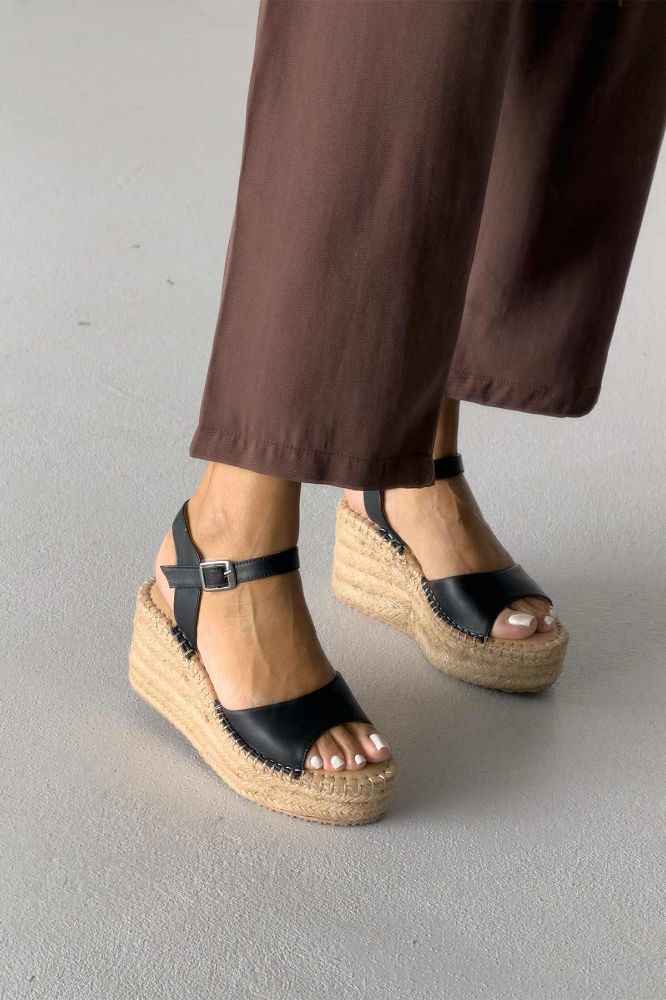 Oliver Hakiki Deri Dolgu Topuk  8 CM SİYAH MAT SANDALET resmi