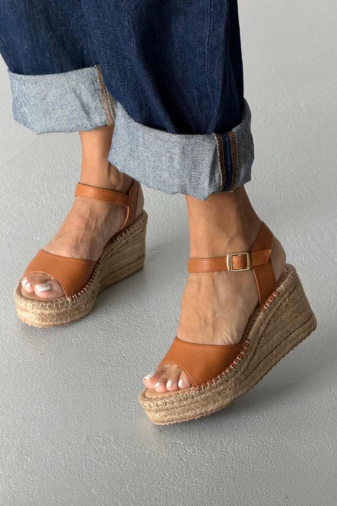 Oliver Hakiki Deri Dolgu Topuk  8 CM TABA MAT SANDALET resmi