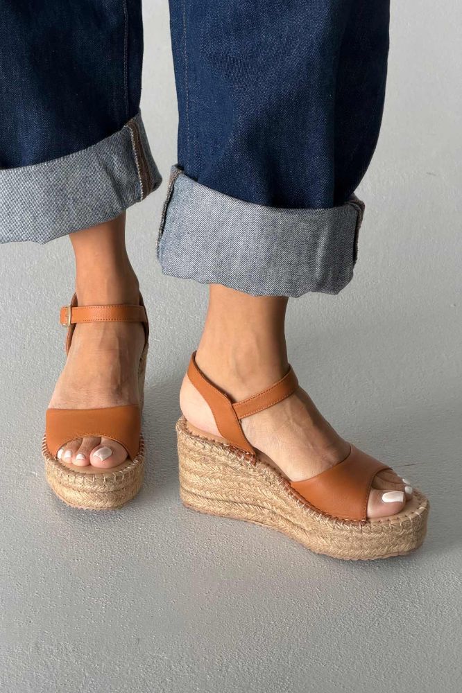 Oliver Hakiki Deri Dolgu Topuk  8 CM TABA MAT SANDALET resmi