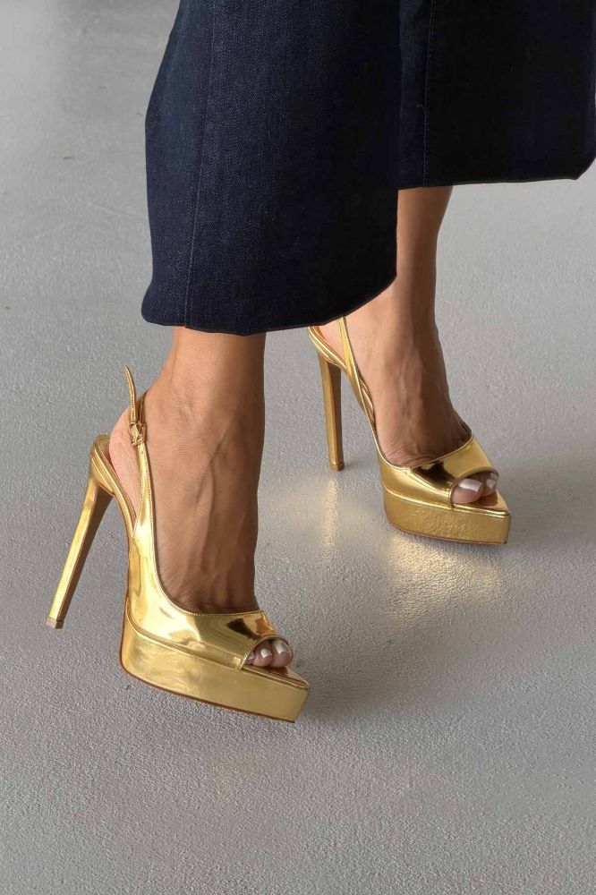 Heimdall Toka Detaylı İnce Topuk 13 Cm Gold Platform resmi