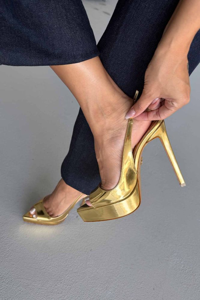 Heimdall Toka Detaylı İnce Topuk 13 Cm Gold Platform resmi