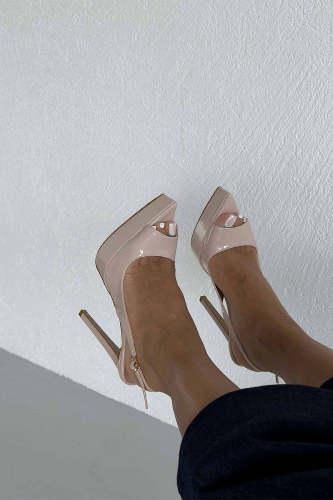 Heimdall Toka Detaylı İnce Topuk 13 Cm Nude Rugan Platform resmi