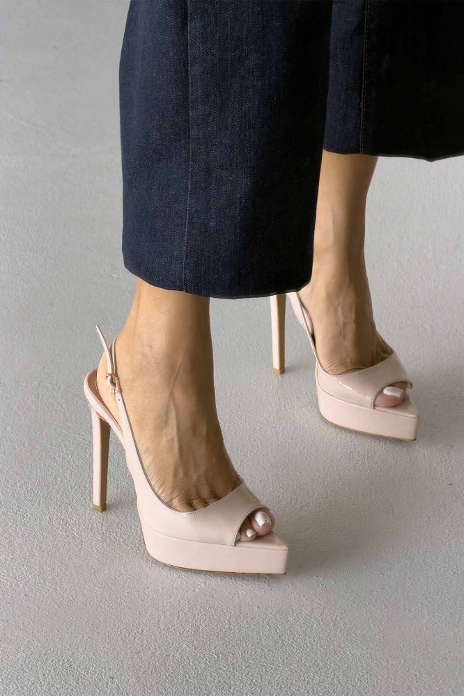 Heimdall Toka Detaylı İnce Topuk 13 Cm Nude Rugan Platform resmi