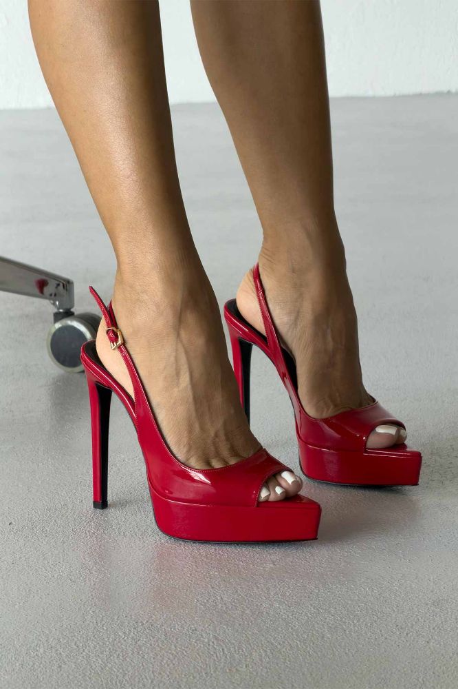 Heimdall Toka Detaylı İnce Topuk 13 Cm Kırmızı Rugan Platform resmi
