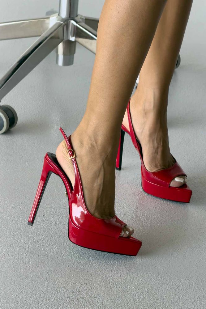 Heimdall Toka Detaylı İnce Topuk 13 Cm Kırmızı Rugan Platform resmi