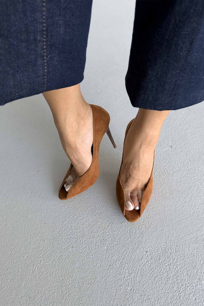 Loan Şeffaf Detaylı İnce Topuk 10 Cm Taba Süet Stiletto resmi