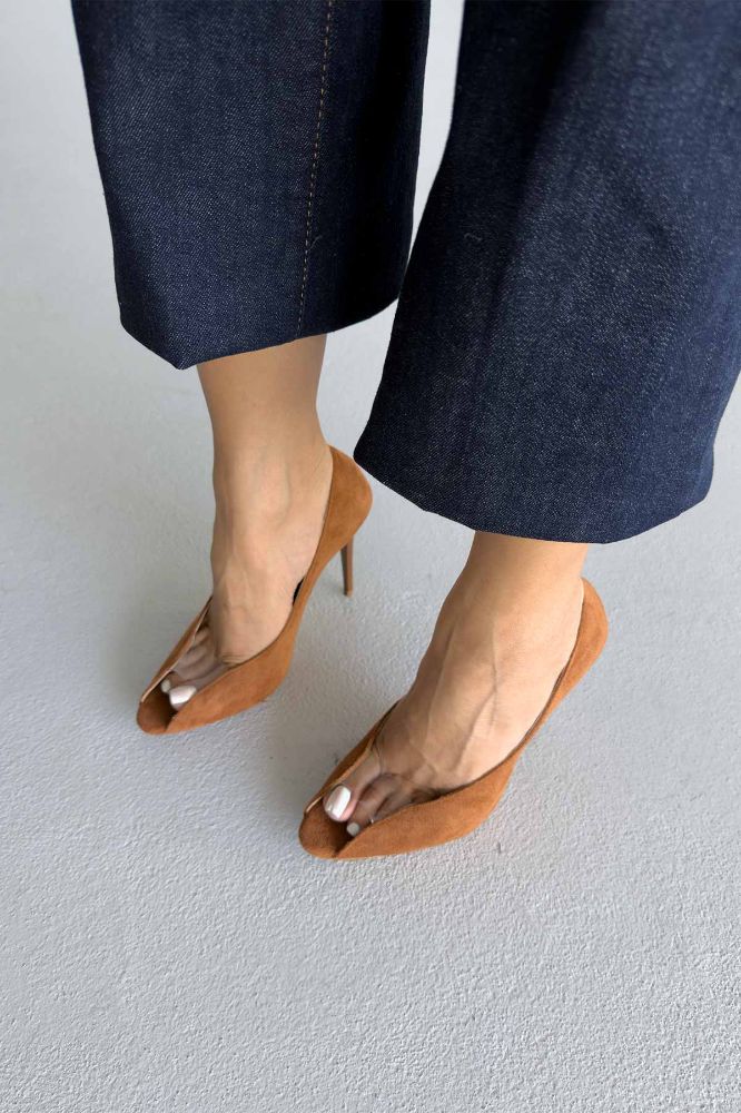 Loan Şeffaf Detaylı İnce Topuk 10 Cm Taba Süet Stiletto resmi