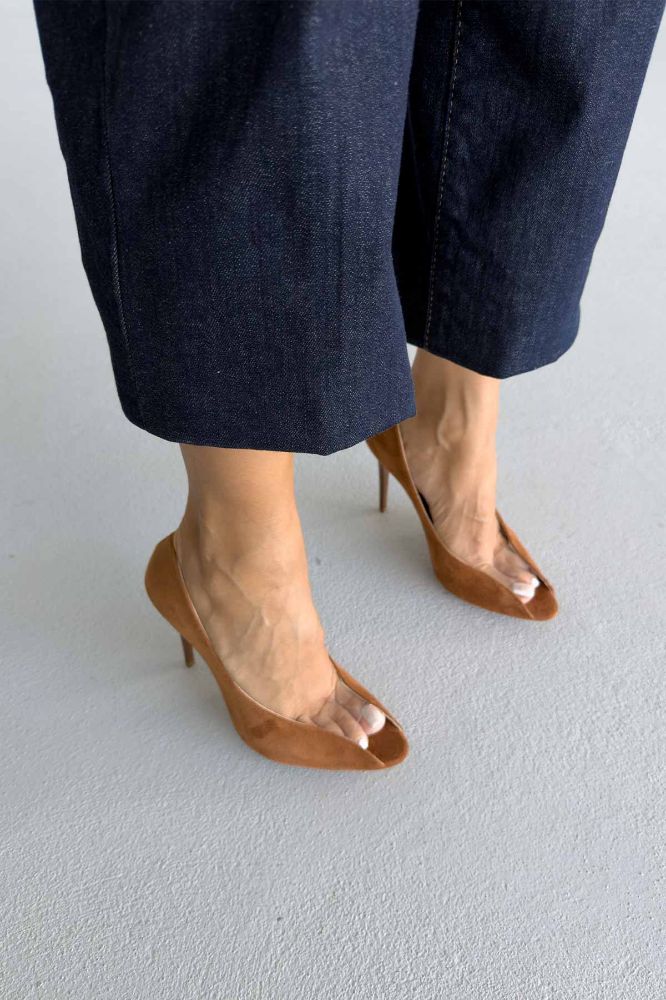 Loan Şeffaf Detaylı İnce Topuk 10 Cm Taba Süet Stiletto resmi