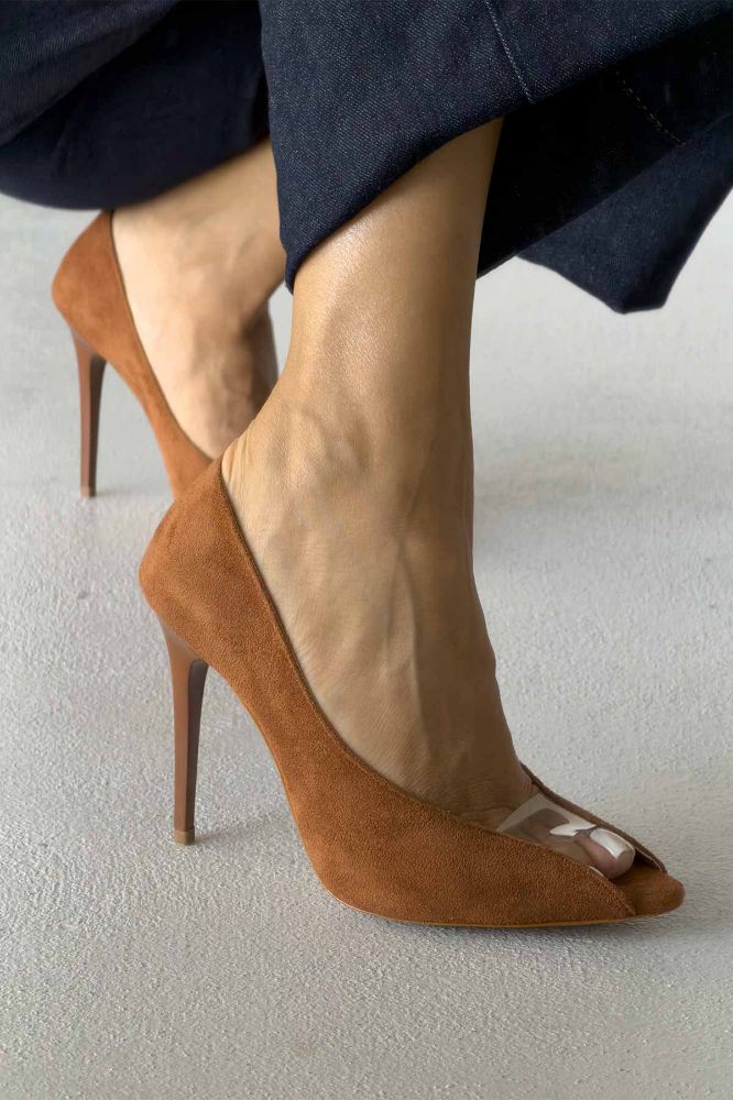 Loan Şeffaf Detaylı İnce Topuk 10 Cm Taba Süet Stiletto resmi