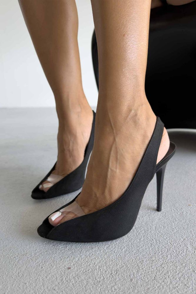Antonella Şeffaf Detaylı İnce Topuk 10 Cm Siyah Süet Topuklu Ayakkabı resmi