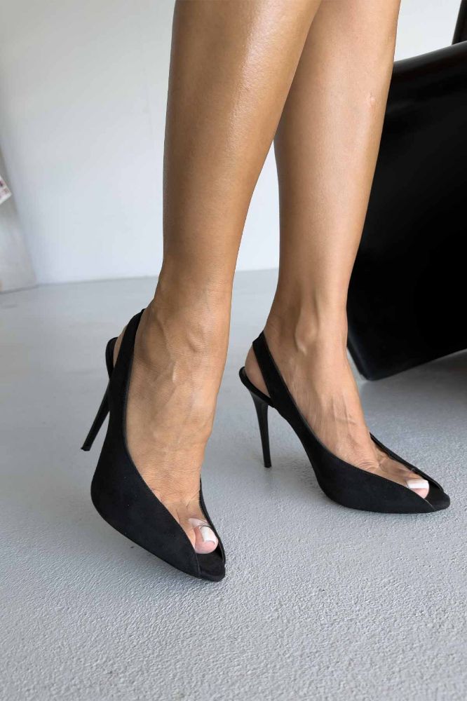 Antonella Şeffaf Detaylı İnce Topuk 10 Cm Siyah Süet Topuklu Ayakkabı resmi