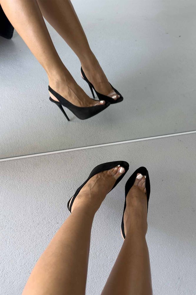 Antonella Şeffaf Detaylı İnce Topuk 10 Cm Siyah Süet Topuklu Ayakkabı resmi