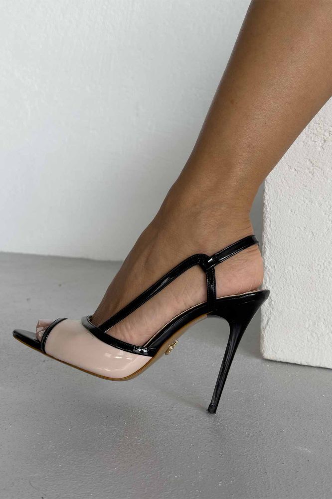 Ksenia  İNCE TOPUK 10 CM NUDE- SİYAH RUGAN TOPUKLU AYAKKABI resmi