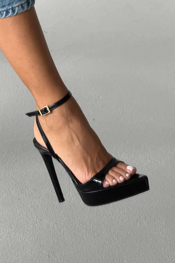 Giulia Bilekten Bantlı İnce Topuk 13 Cm Siyah Rugan Platform resmi