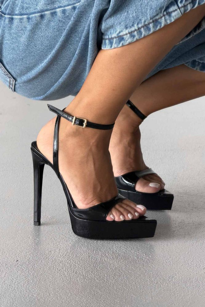 Giulia Bilekten Bantlı İnce Topuk 13 Cm Siyah Rugan Platform resmi