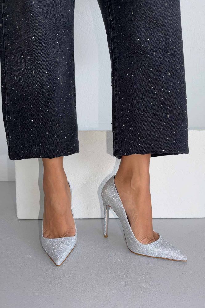 Woods Simli Taban İnce Topuk 12 Cm Gümüş Simli Stiletto resmi