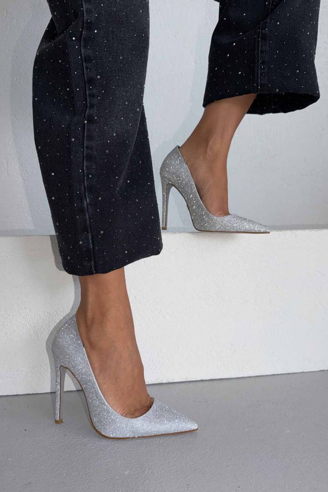 Woods Simli Taban İnce Topuk 12 Cm Gümüş Simli Stiletto resmi