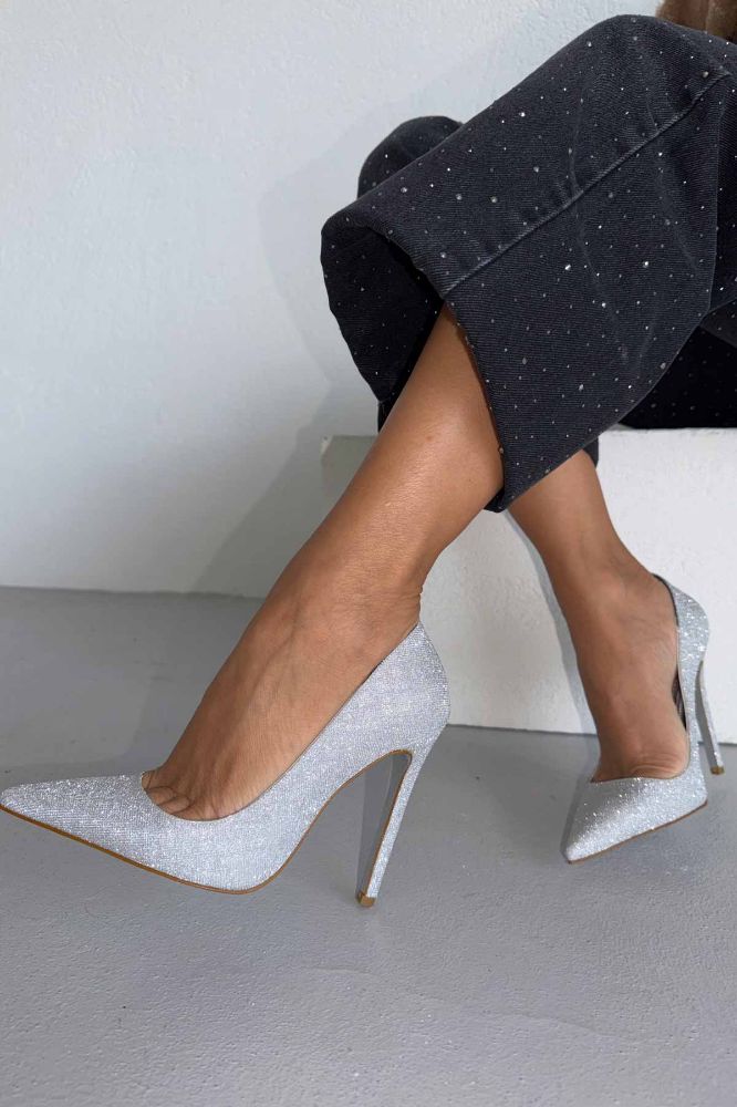 Woods Simli Taban İnce Topuk 12 Cm Gümüş Simli Stiletto resmi