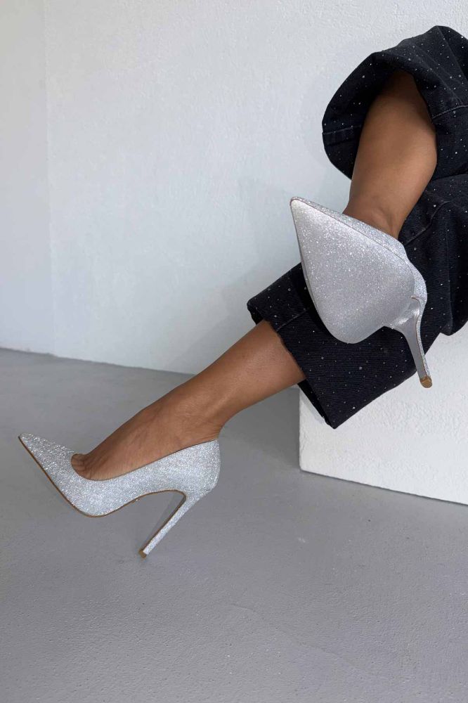 Woods Simli Taban İnce Topuk 12 Cm Gümüş Simli Stiletto resmi