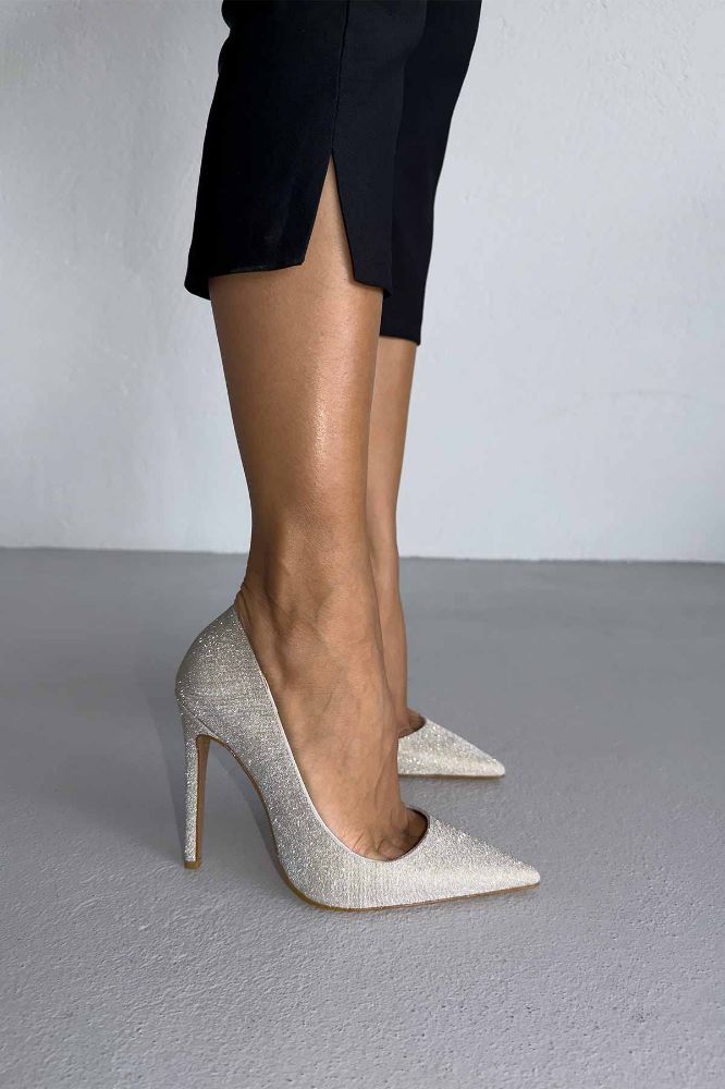 Woods Simli Taban İnce Topuk 12 Cm Gold Simli Stiletto resmi