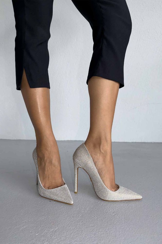 Woods Simli Taban İnce Topuk 12 Cm Gold Simli Stiletto resmi