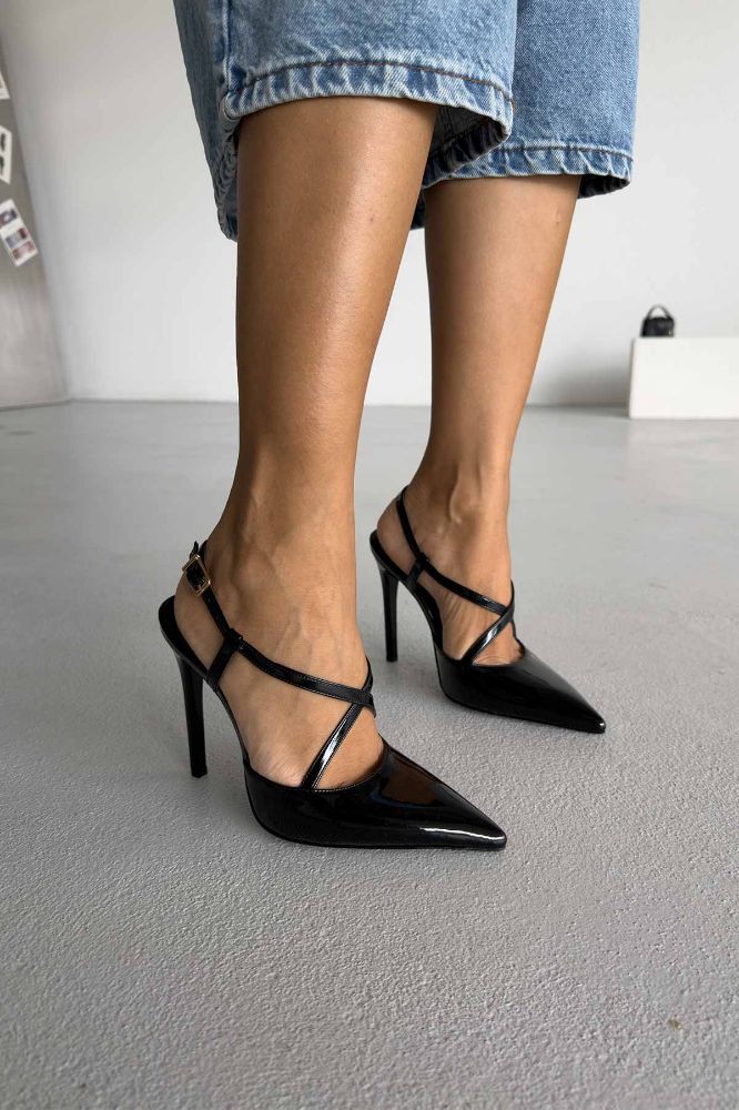 Stasia Bilekten Bantlı İnce Topuk 12 Cm Siyah Rugan Topuklu Ayakkabı resmi