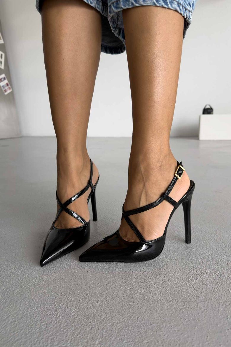 Stasia Bilekten Bantlı İnce Topuk 12 Cm Siyah Rugan Topuklu Ayakkabı resmi