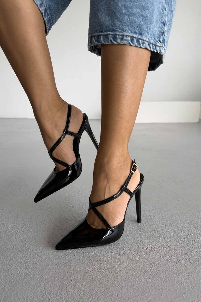 Stasia Bilekten Bantlı İnce Topuk 12 Cm Siyah Rugan Topuklu Ayakkabı resmi
