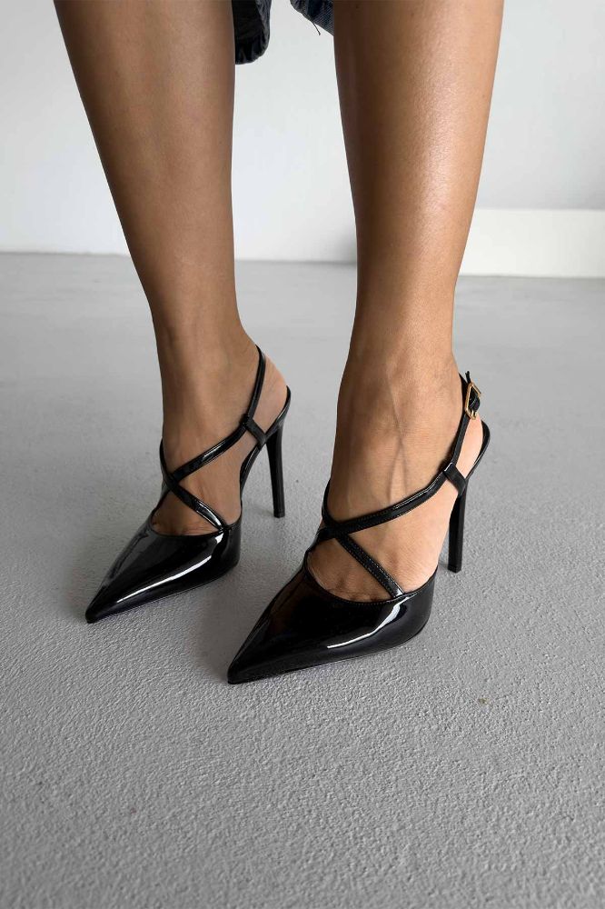 Stasia Bilekten Bantlı İnce Topuk 12 Cm Siyah Rugan Topuklu Ayakkabı resmi