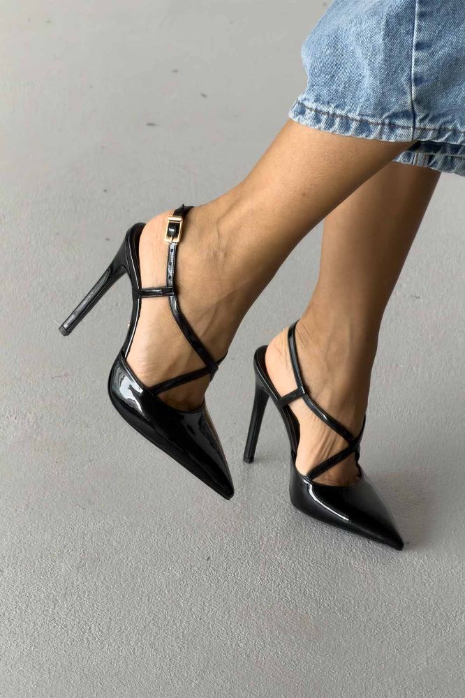 Stasia Bilekten Bantlı İnce Topuk 12 Cm Siyah Rugan Topuklu Ayakkabı resmi